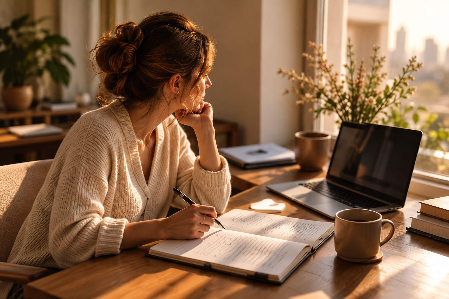 A woman pausing over her notebook at a sunlit desk