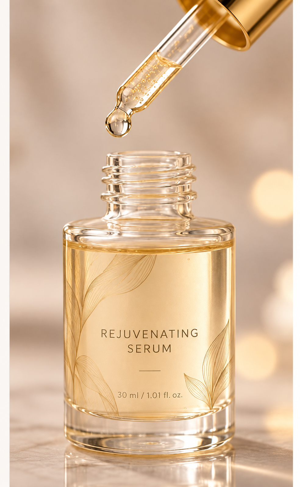 A serum bottle with a gold dropper