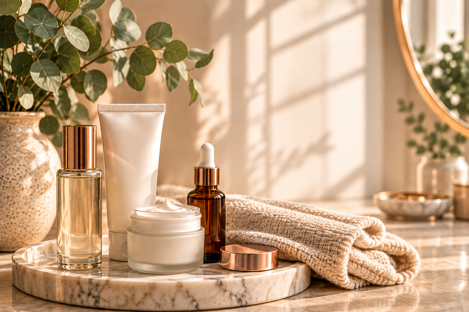 Skincare products on a marble tray