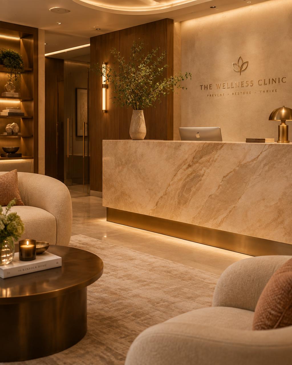 An elegant private clinic reception in warm marble and wood
