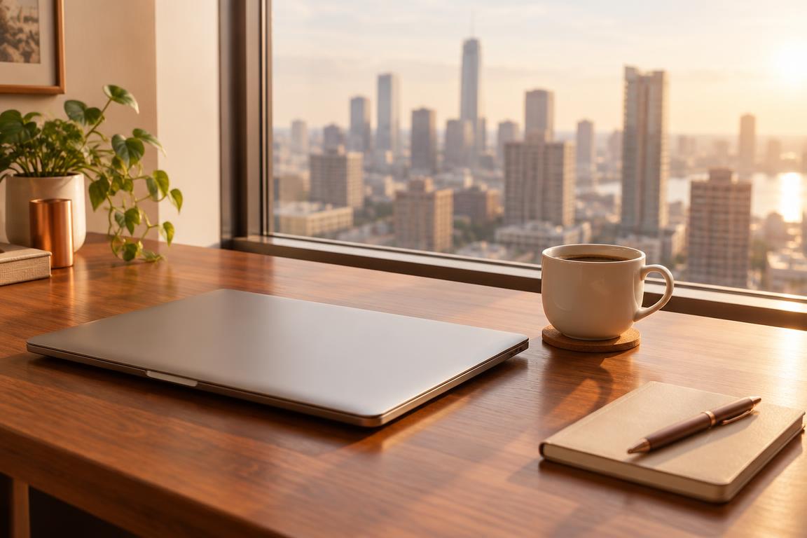 A laptop and coffee cup on a wooden desk by a window with a city view