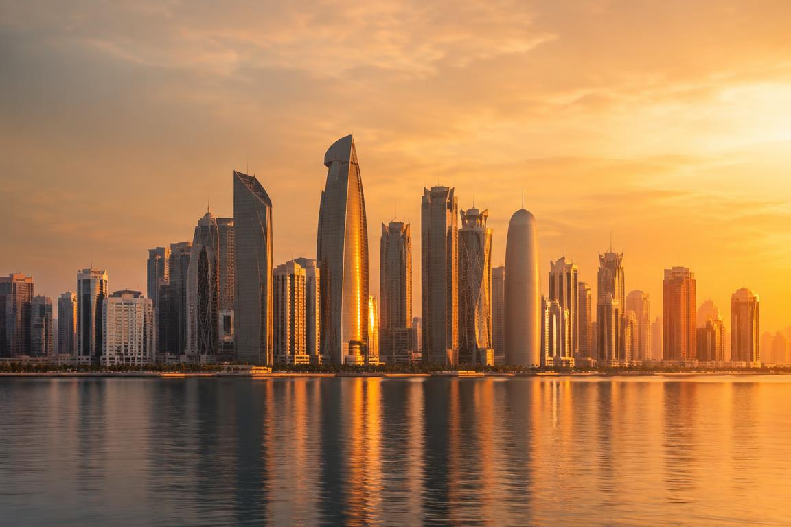 A modern city skyline glowing at sunset across the water