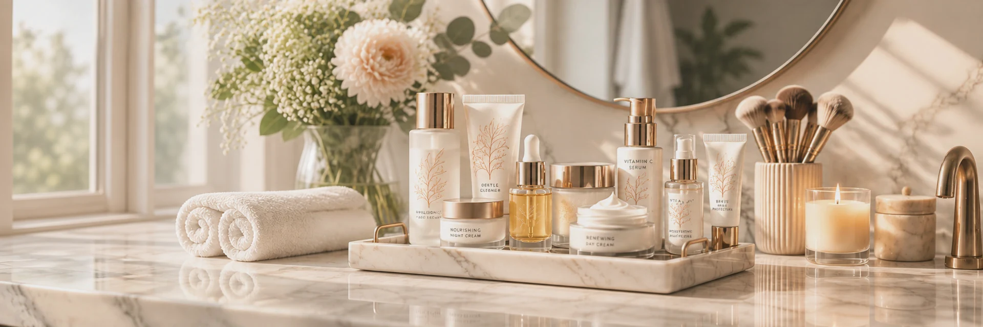 A marble vanity with skincare products in morning light