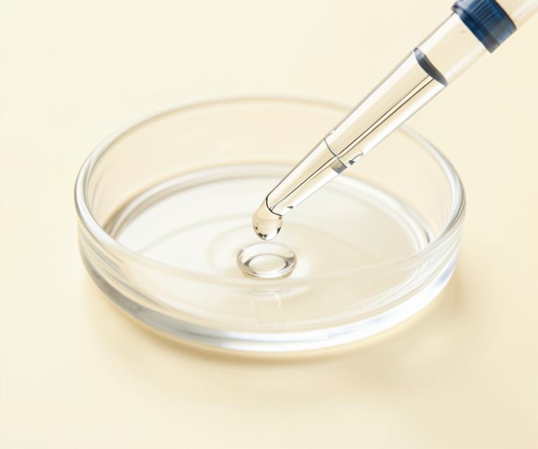 A pipette releasing a drop into a glass dish