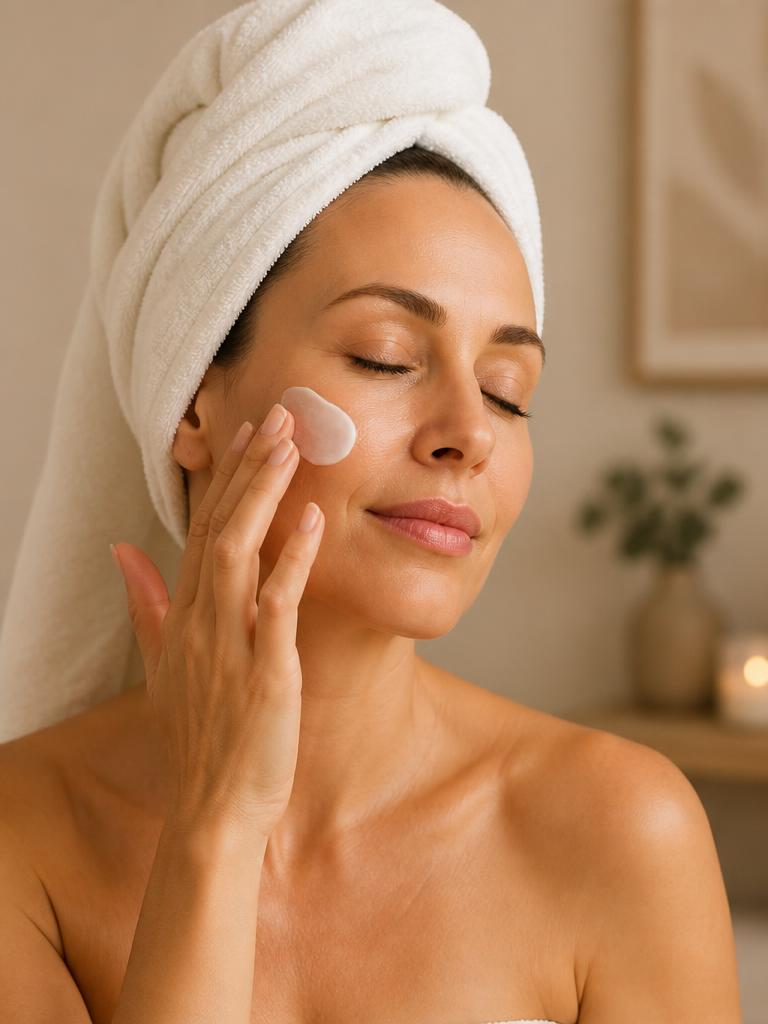 A woman applying cream to her cheek