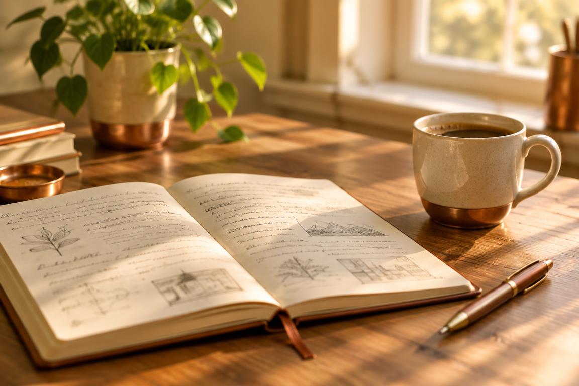 An open notebook with sketches beside a coffee cup on a sunlit desk