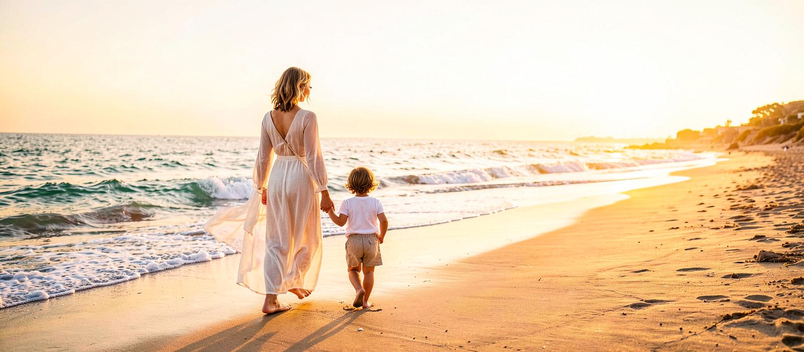 Mother and child walking together beside the sea