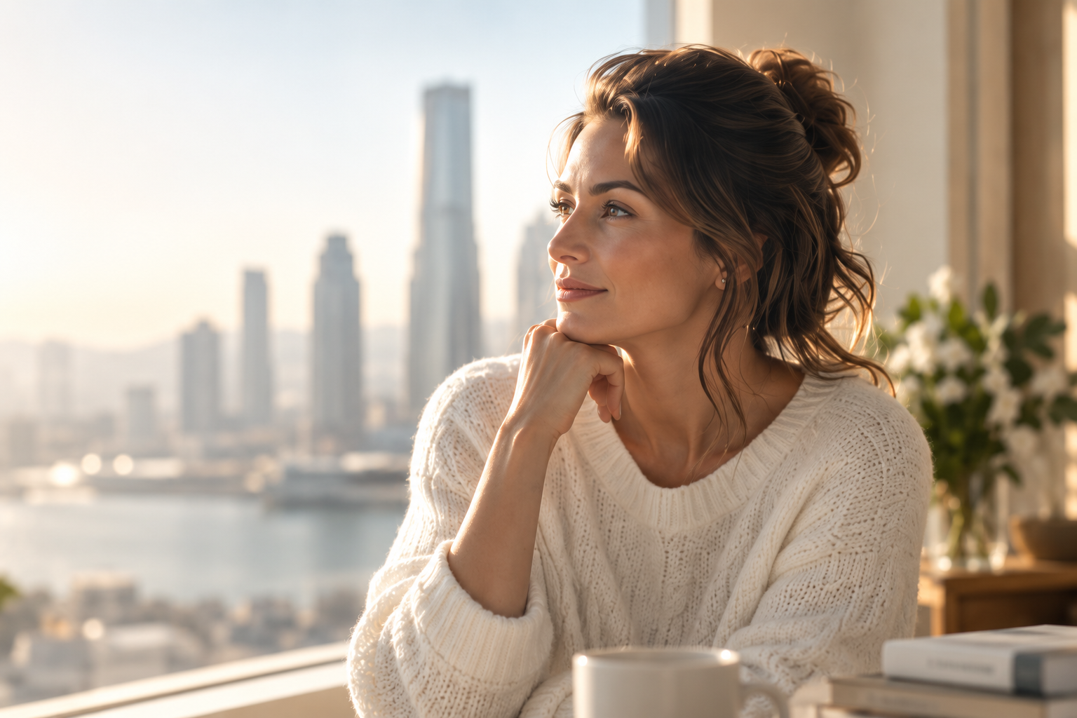 Woman reflecting beside a city window