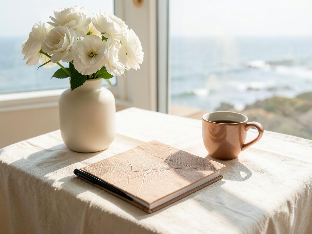 Closed notebook, flowers and coffee beside a coastal window