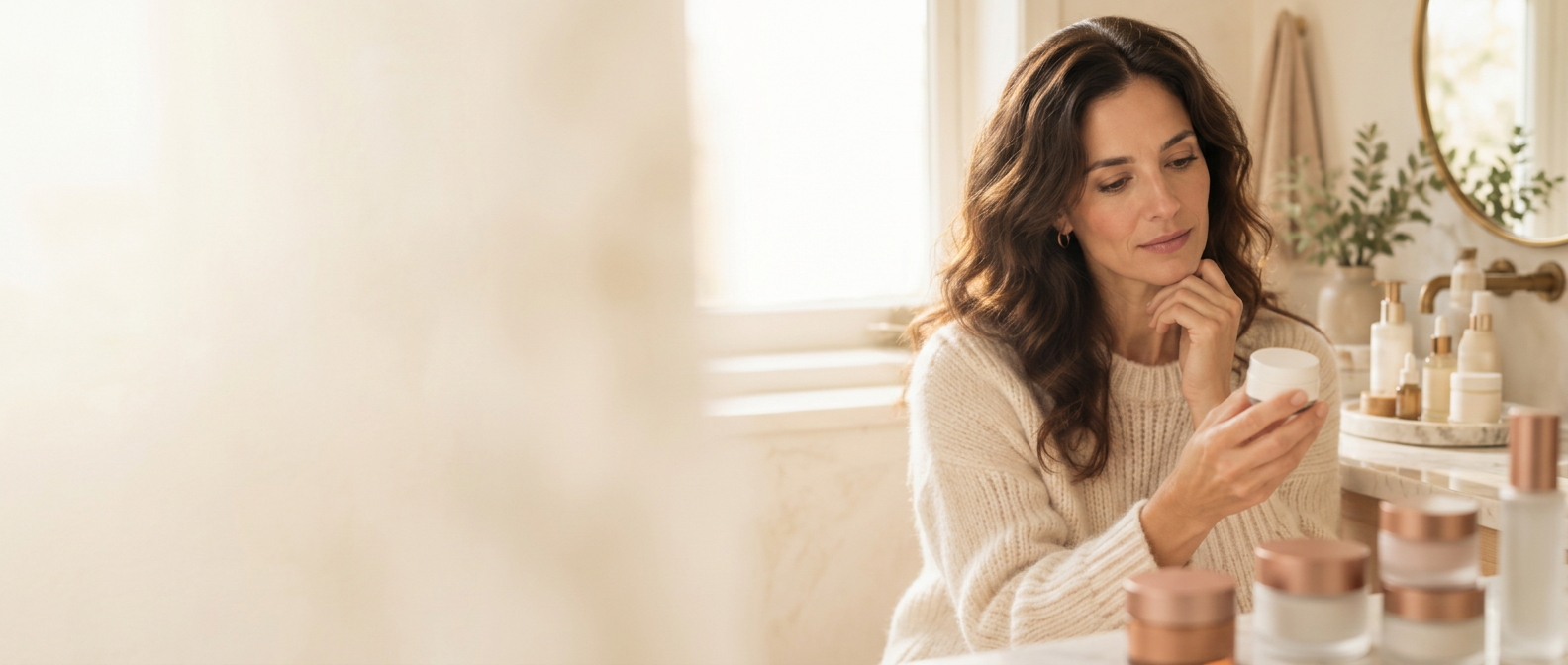 Woman considering a skincare cream