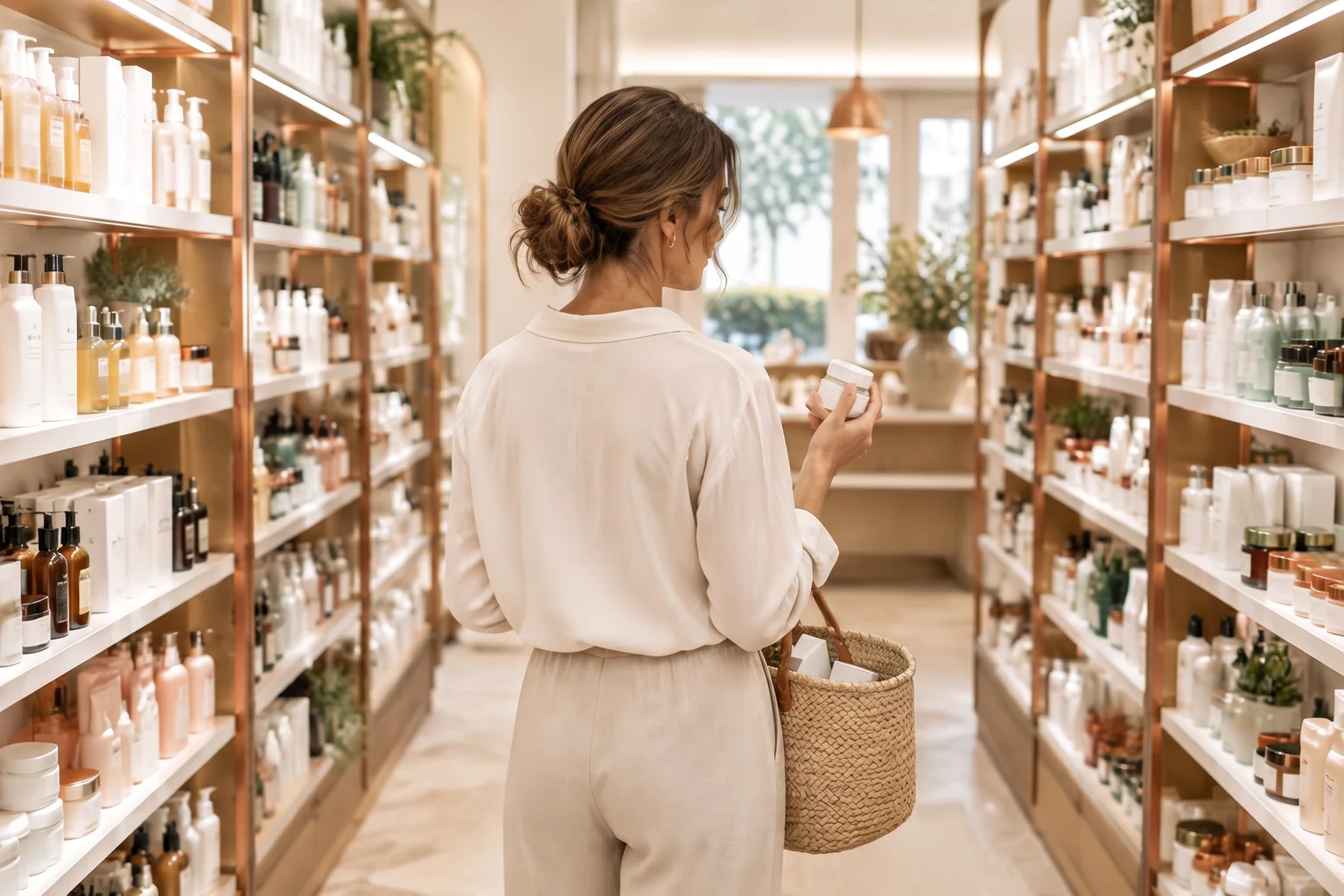 Woman considering skincare products in a store aisle