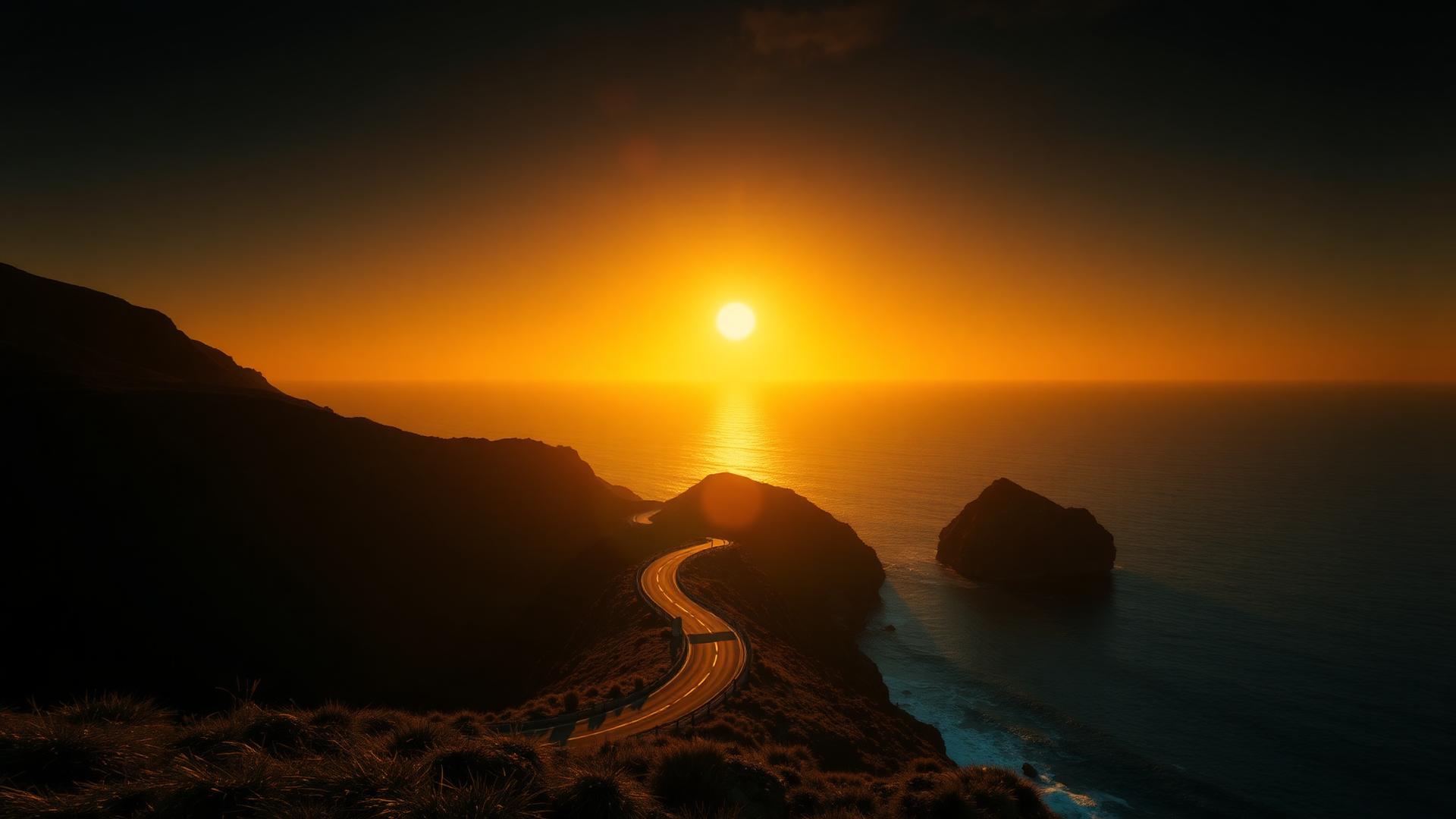 A coastal road winding towards the sunset over the sea