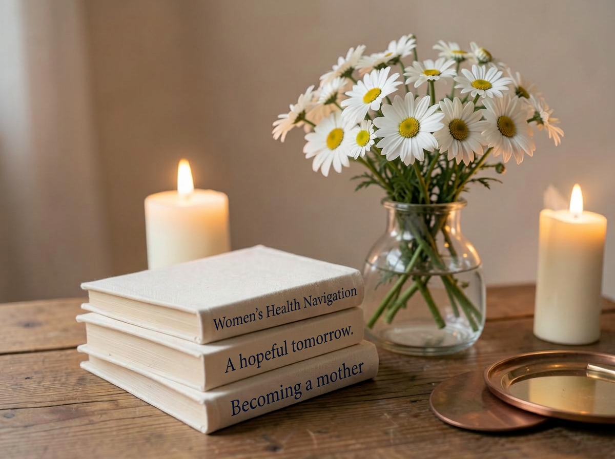 Three cream books titled Women's Health Navigation, A hopeful tomorrow, and Becoming a mother beside daisies