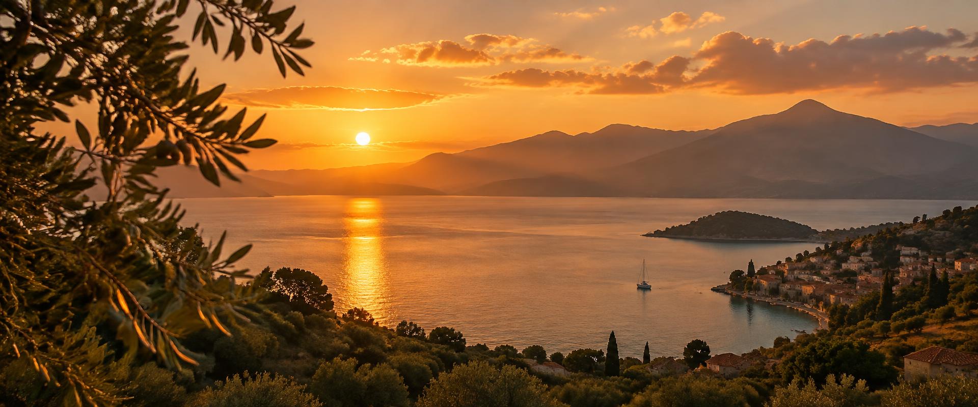 Golden sunset over a calm Mediterranean bay