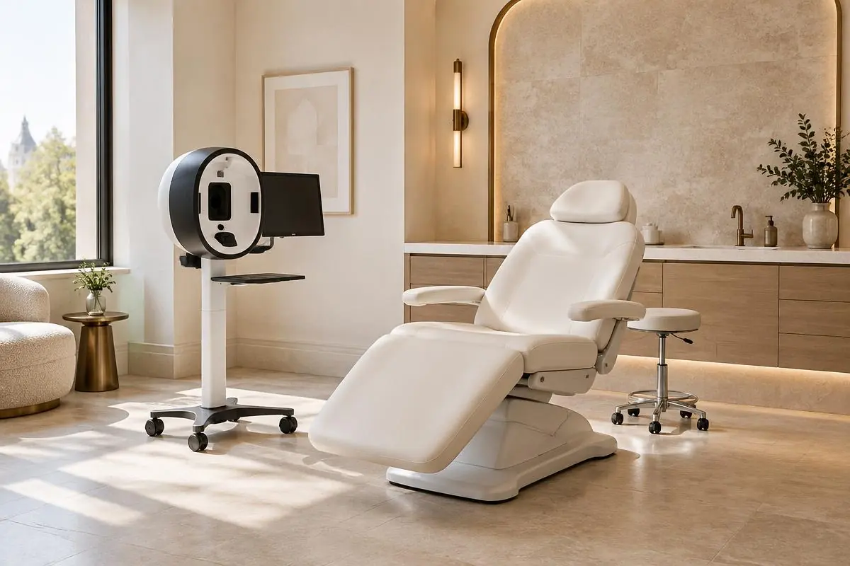 An elegant skin clinic with a skin analysis device and treatment chair