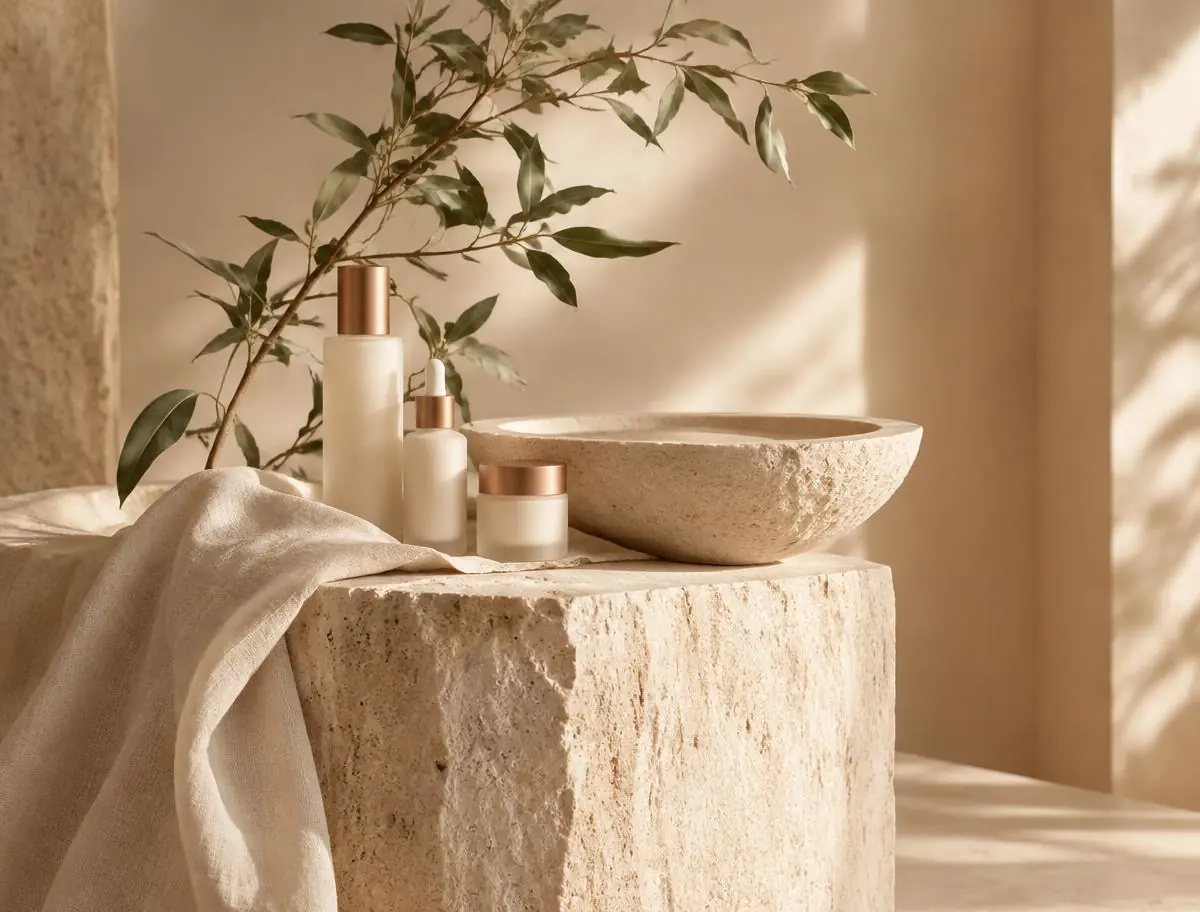 Skincare arranged beside a sculptural stone basin