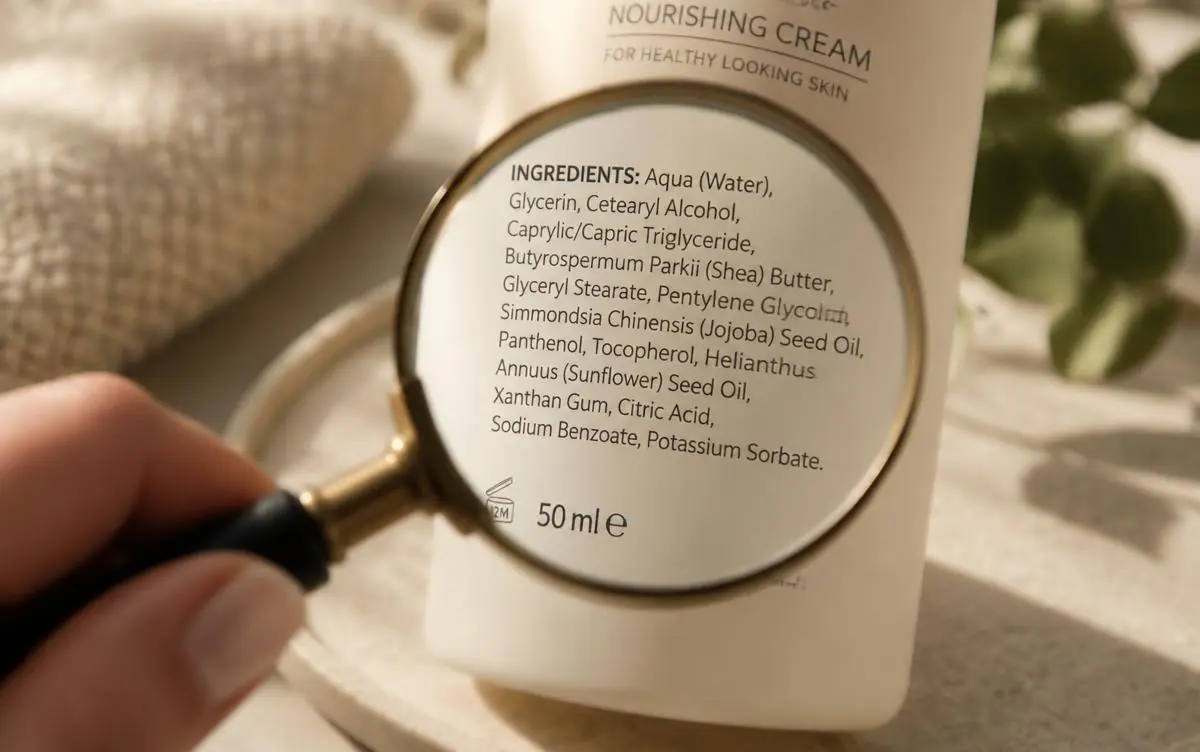 A magnifying glass over a skincare ingredients label