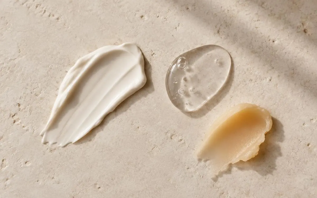 Cream, gel and balm textures on a stone surface