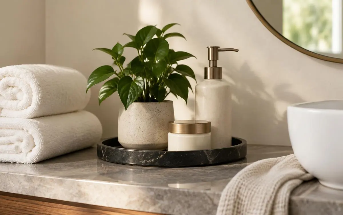 A calm bathroom tray with towels, plant and skincare