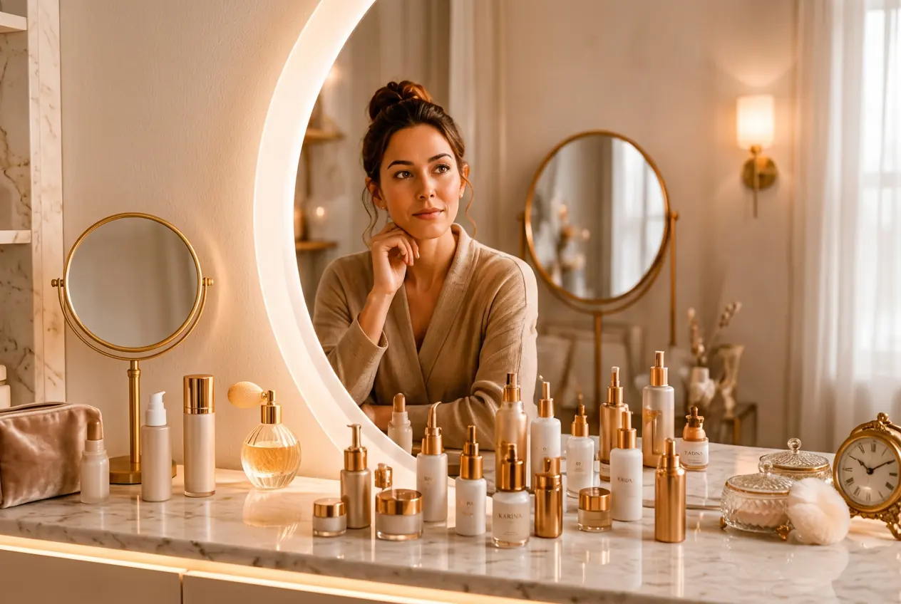 A woman reflecting in front of her mirror