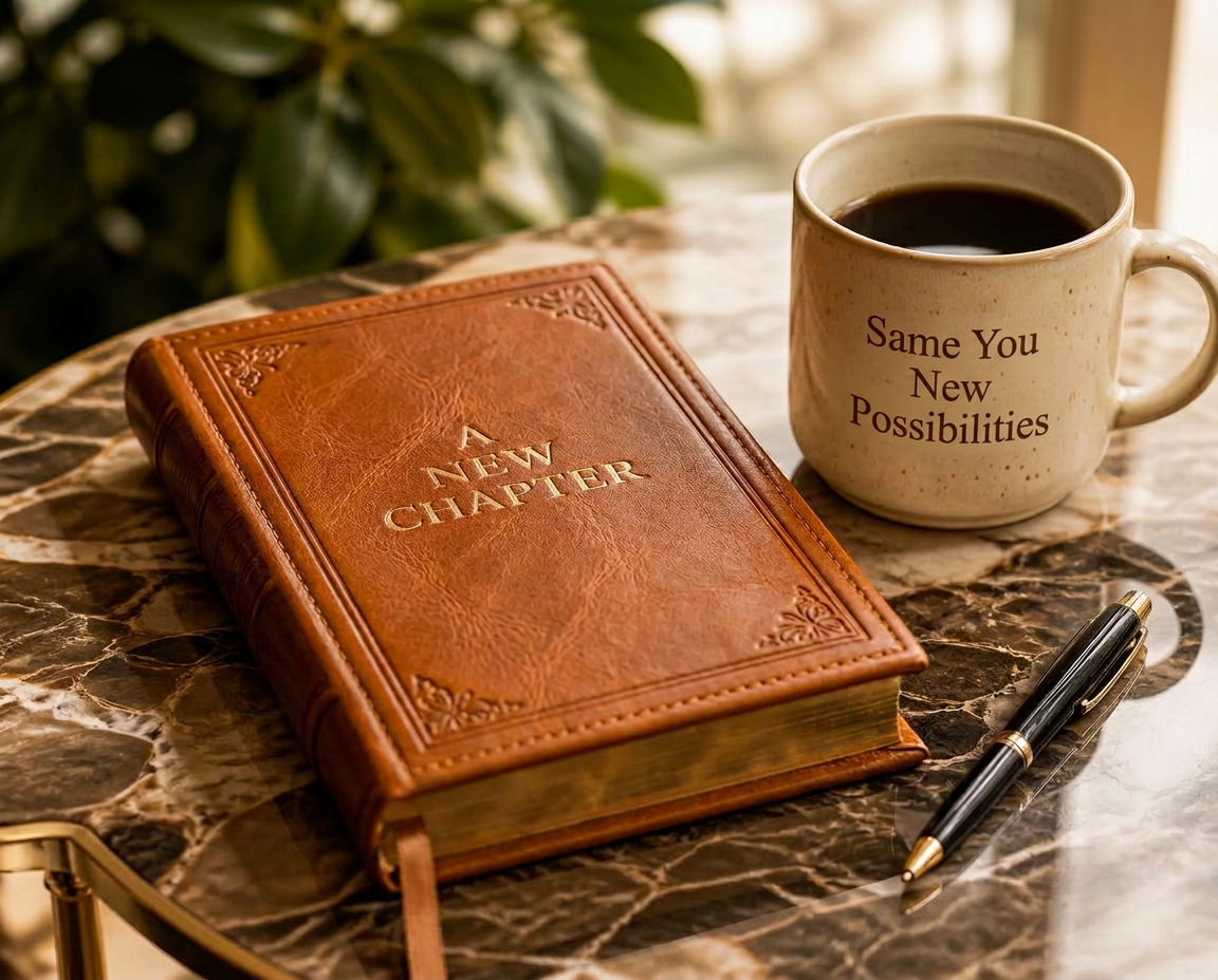 Leather journal and coffee cup on a marble table