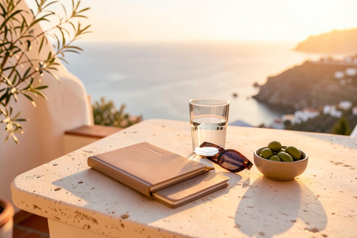 Closed notebook, water and sunglasses on a sunlit coastal terrace
