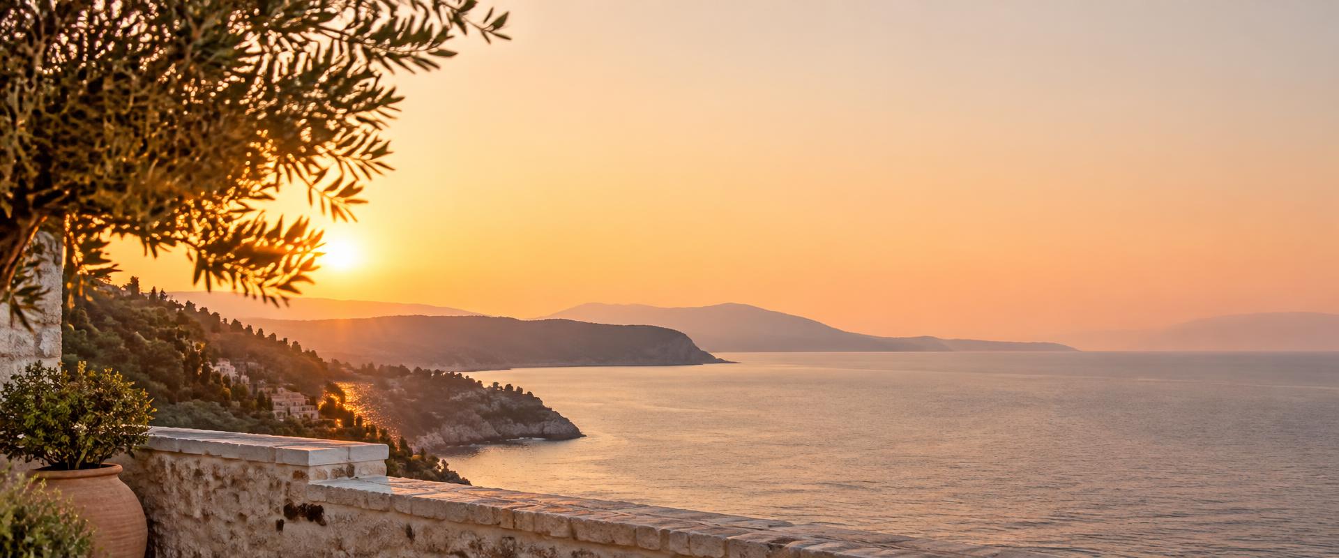 Mediterranean coastline glowing at sunset