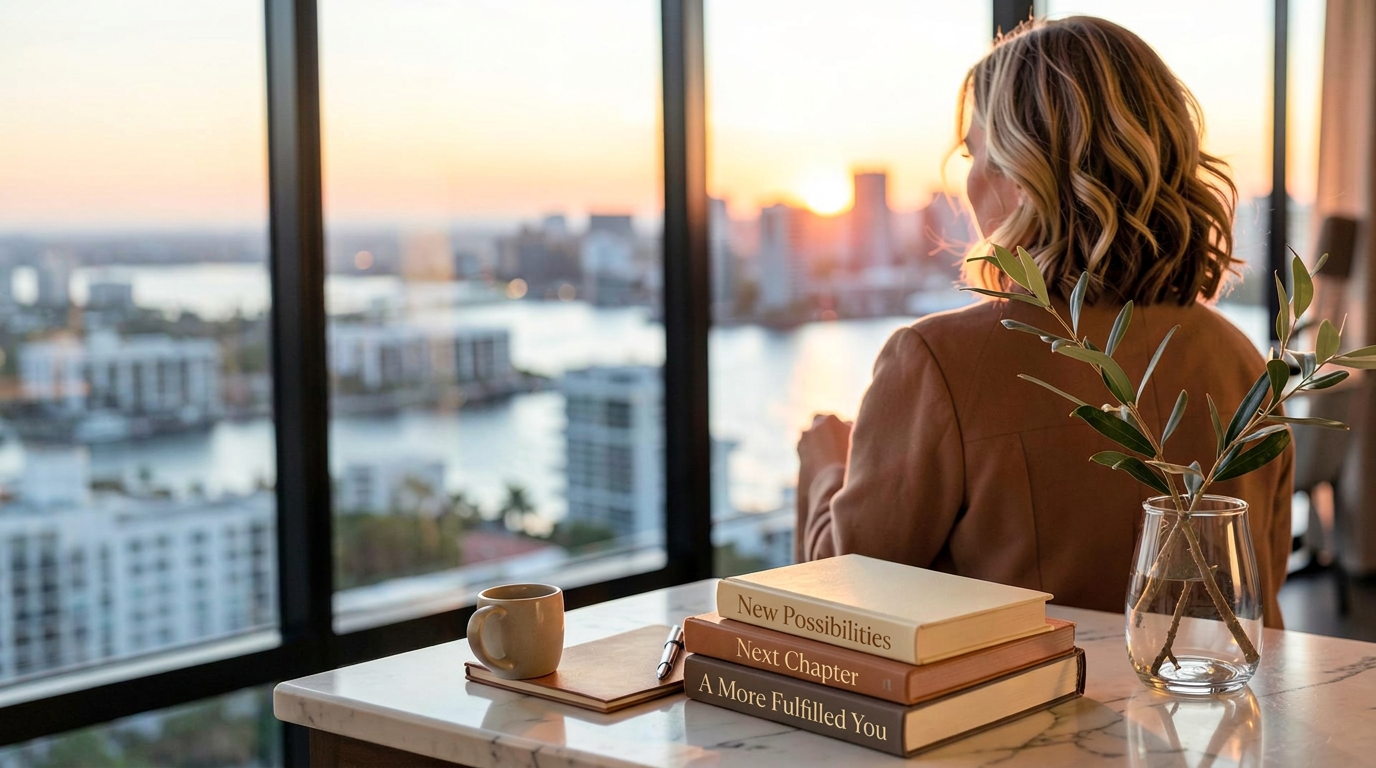 Woman reflecting beside a city window at sunset, with books on the table