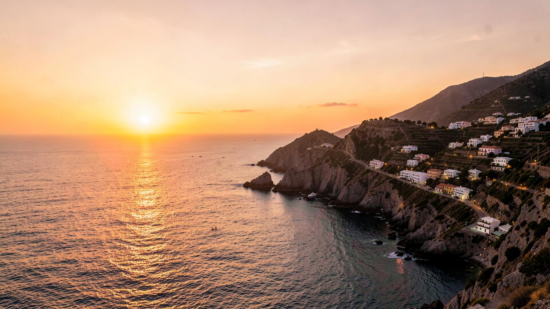 Golden sunset over a Mediterranean coastline
