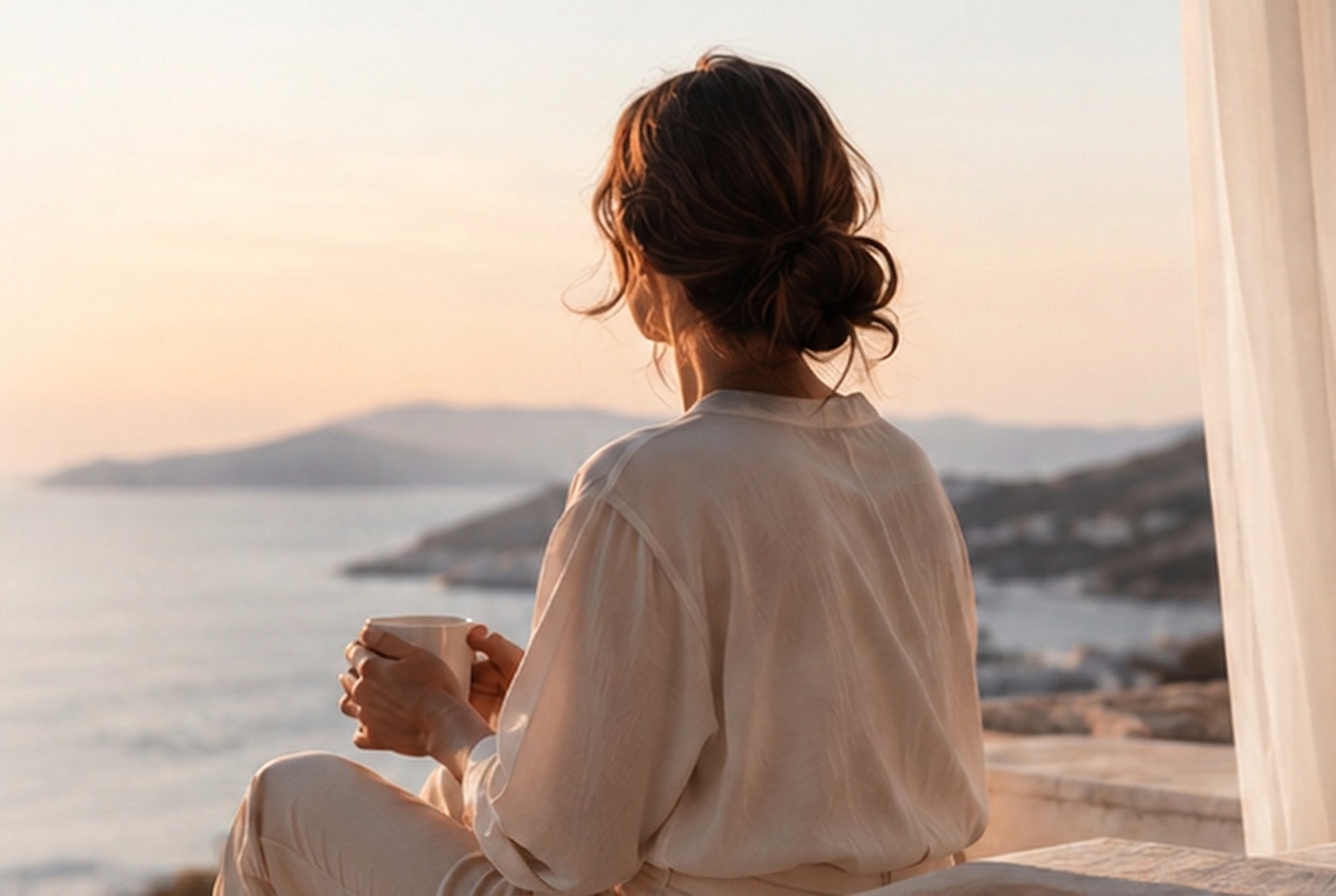A woman with a cup of tea looking out over the sea at sunrise
