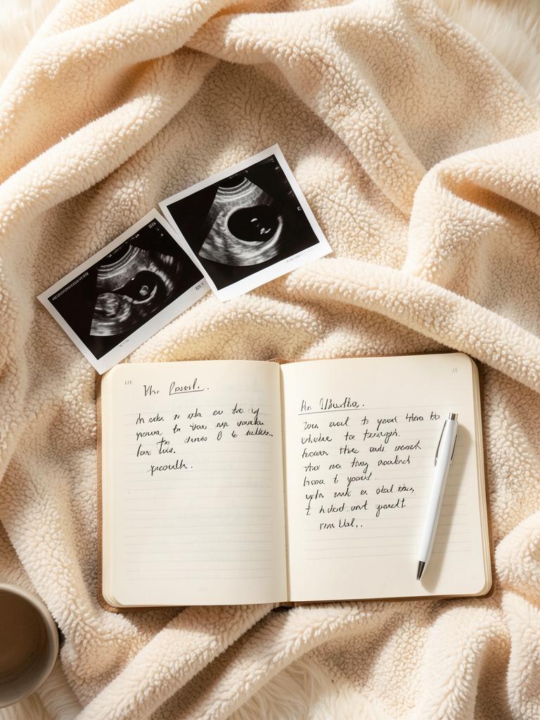 Ultrasound photos and a handwritten journal on a soft blanket