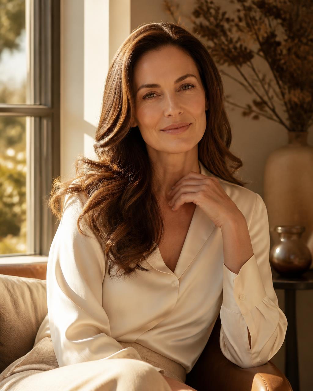 A serene woman in golden window light, hand resting on her chest