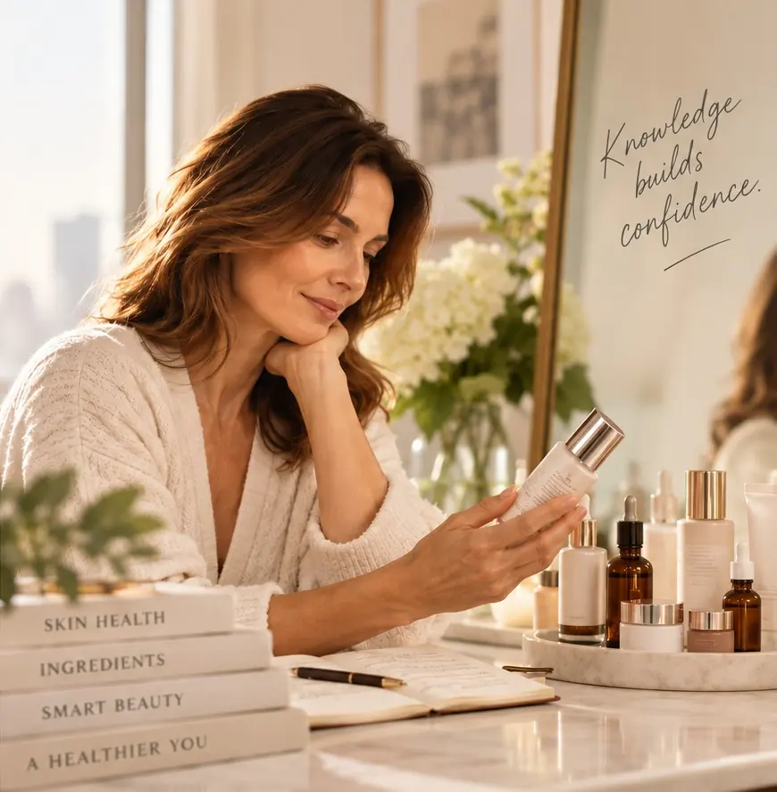 A woman studying a skincare bottle at her vanity, with a note reading Knowledge builds confidence