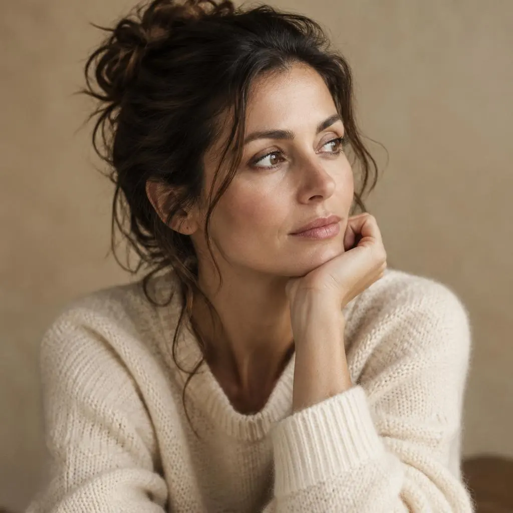 Woman around 36 resting her chin on her hand