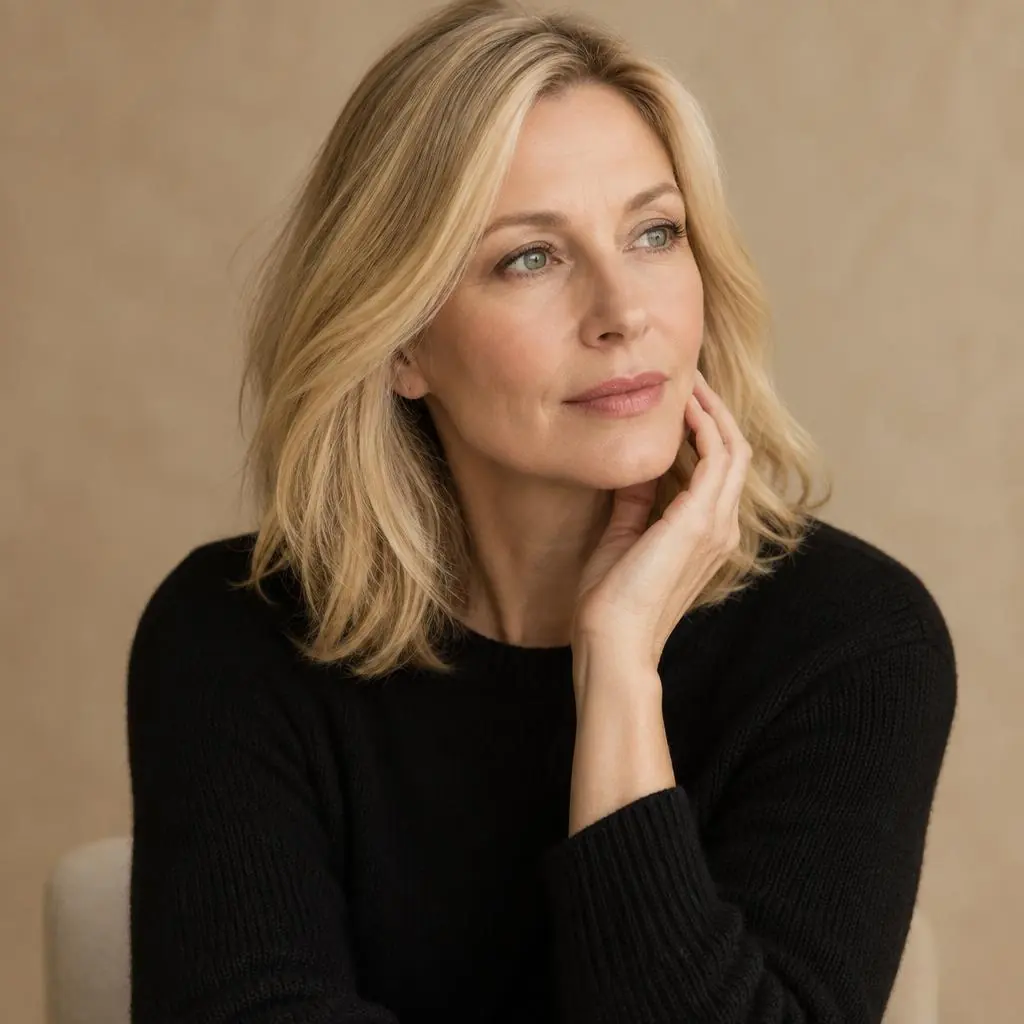 Blonde woman in her mid-forties touching her jaw