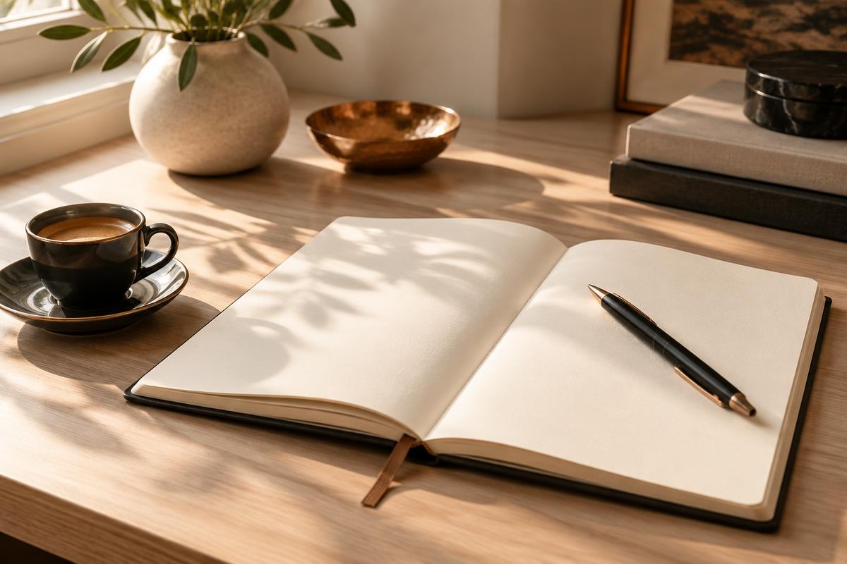 Open notebook and coffee in warm morning light
