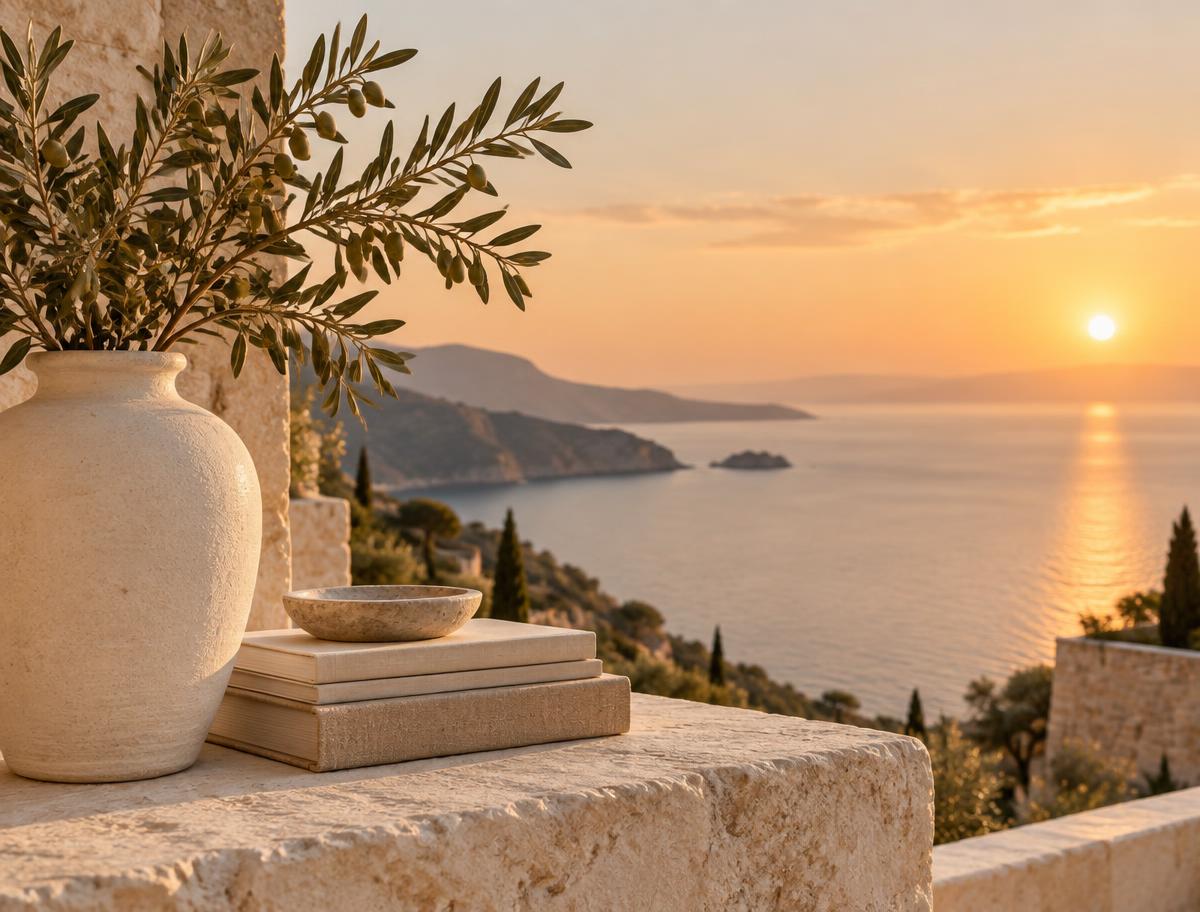 Olive branches and books on a sunlit terrace overlooking the sea