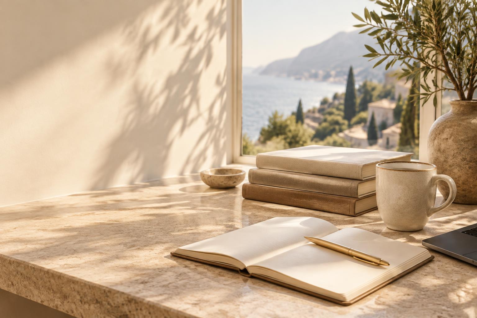 Sunlit desk with a notebook, books and a ceramic mug overlooking the coast